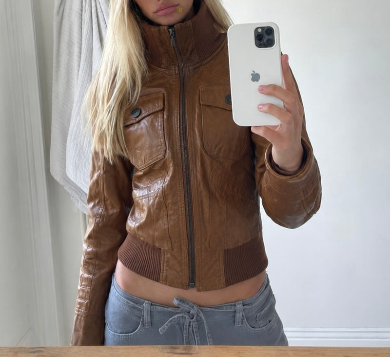 Y2K 2000s Vintage high collar iconic Archive Stockholm Rory Gilmore leather jacket zip up
