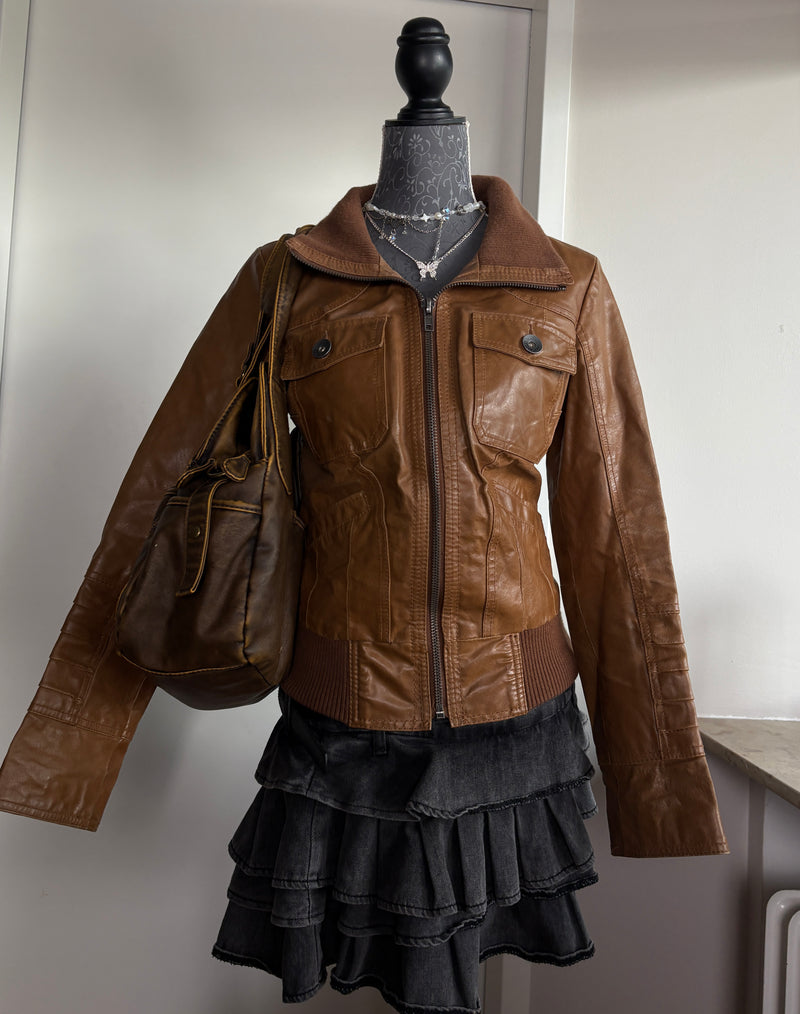 Y2K 2000s Vintage high collar iconic Archive Stockholm Rory Gilmore leather jacket zip up