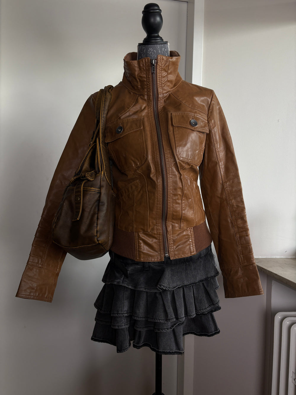 Y2K 2000s Vintage high collar iconic Archive Stockholm Rory Gilmore leather jacket zip up