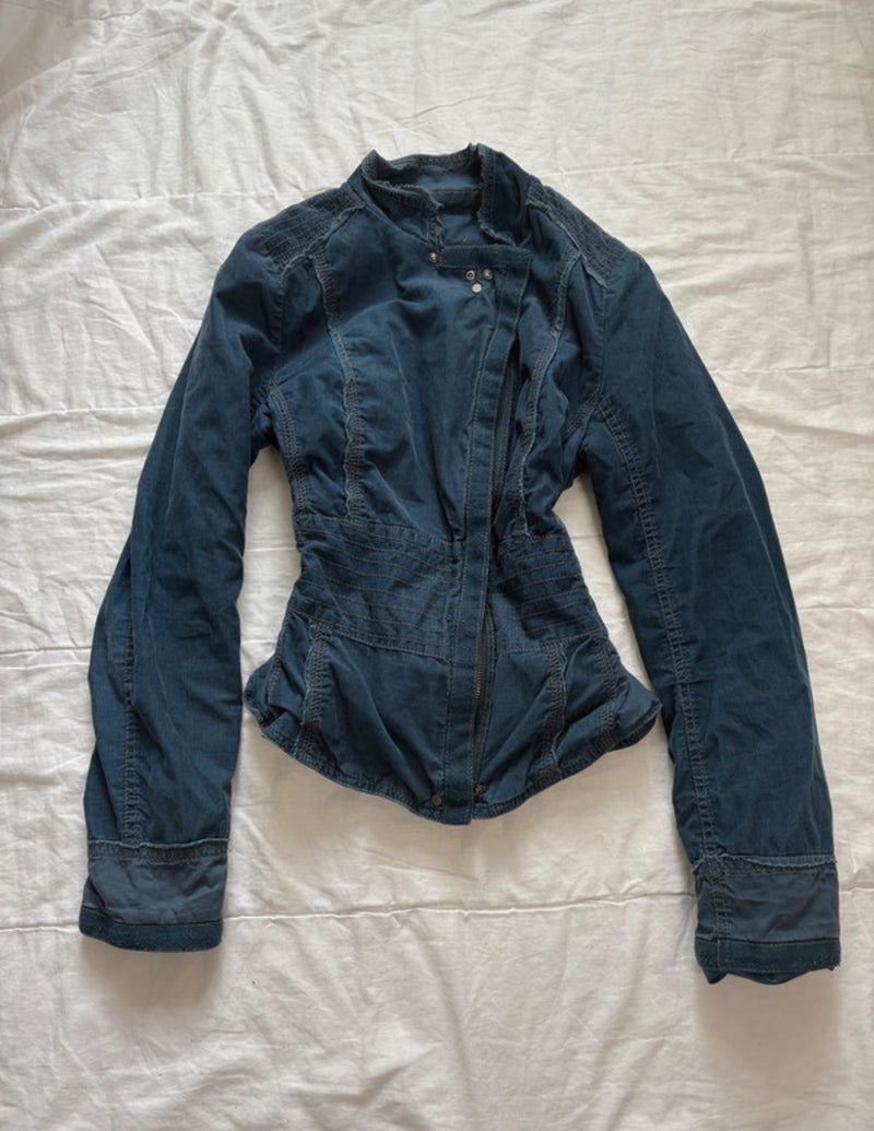 Y2K 2000s Vintage high collar blue Stockholm style autumn zip up jacket