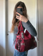 Y2K Red Croc Embossed Shoulder Bag • Studded Buckle Tote • Moto Glam diva icon