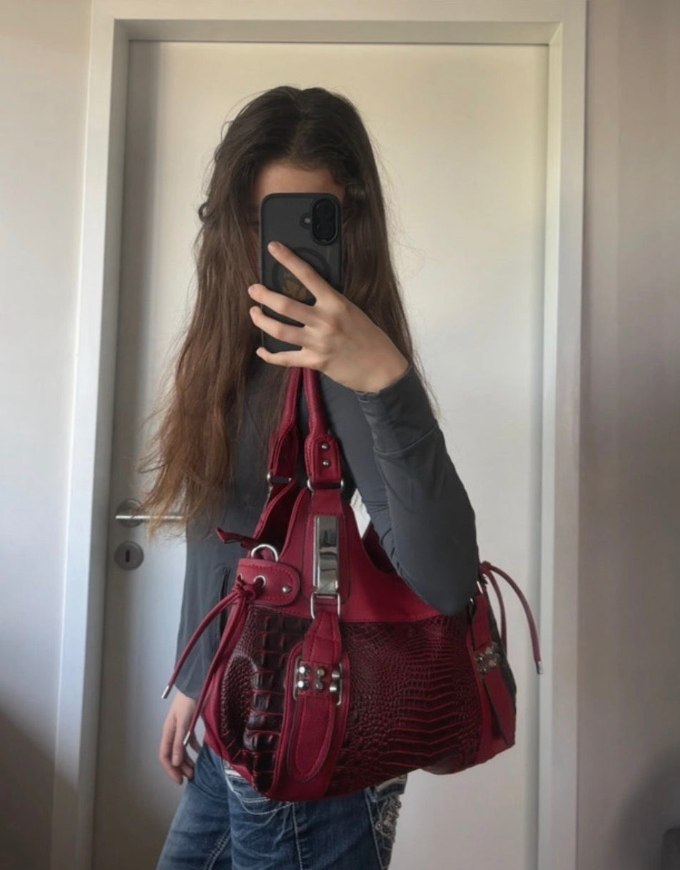 Y2K Red Croc Embossed Shoulder Bag • Studded Buckle Tote • Moto Glam diva icon