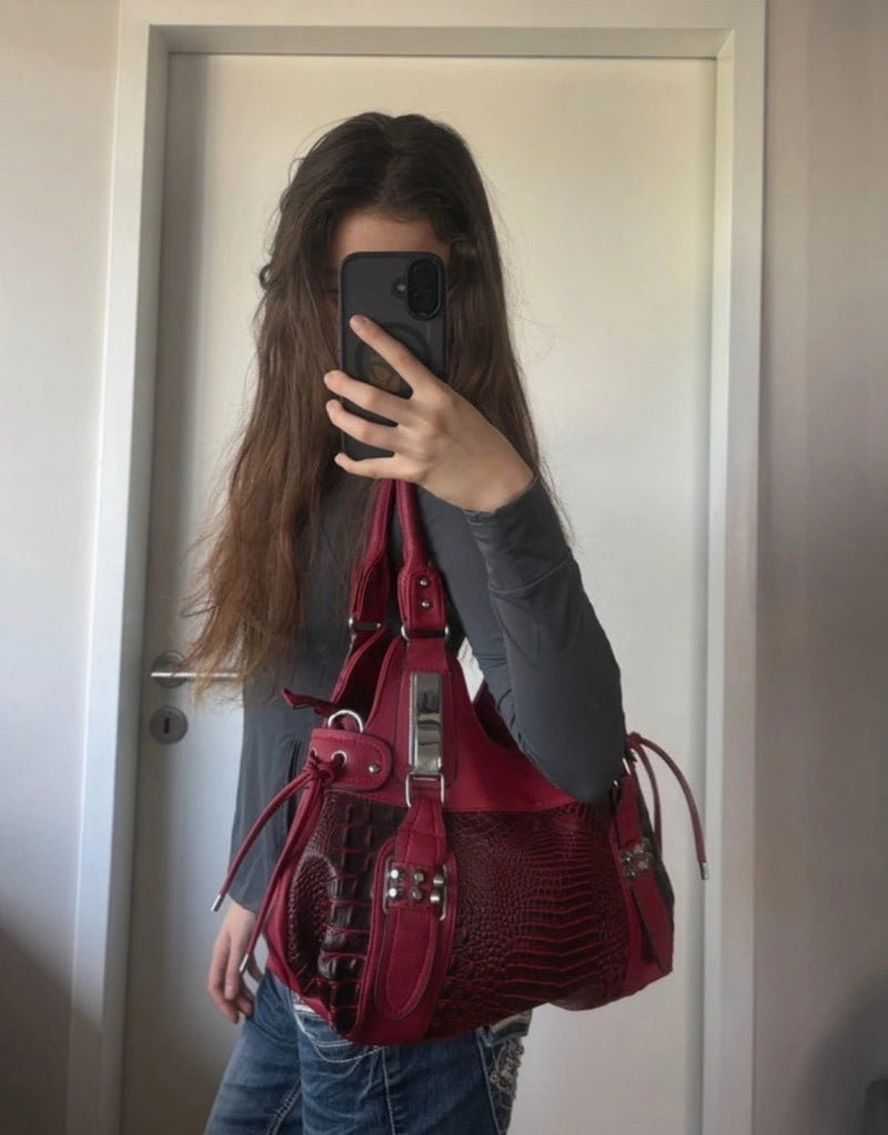 Y2K Red Croc Embossed Shoulder Bag • Studded Buckle Tote • Moto Glam diva icon