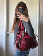 Y2K Red Croc Embossed Shoulder Bag • Studded Buckle Tote • Moto Glam diva icon