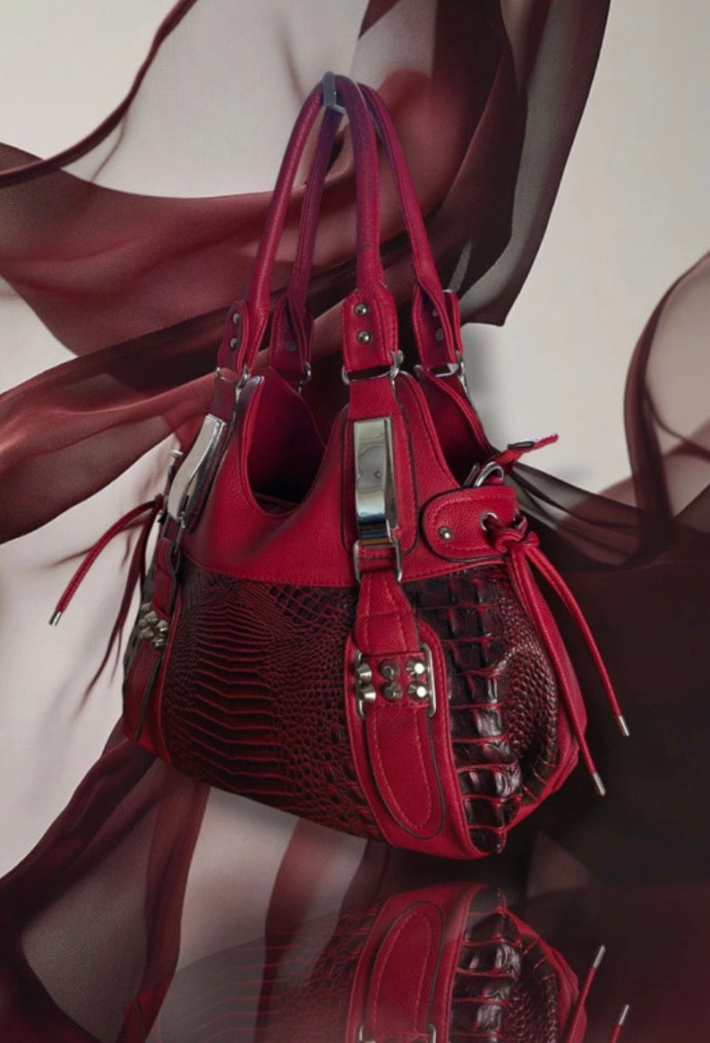 Y2K Red Croc Embossed Shoulder Bag • Studded Buckle Tote • Moto Glam diva icon