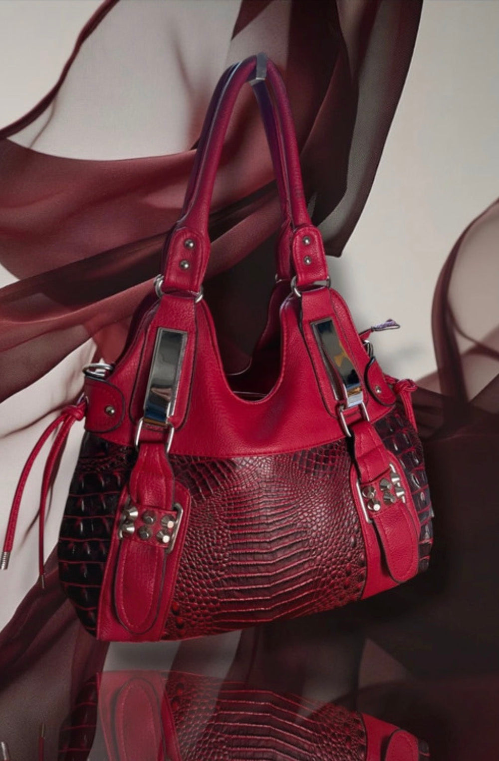 Y2K Red Croc Embossed Shoulder Bag • Studded Buckle Tote • Moto Glam diva icon