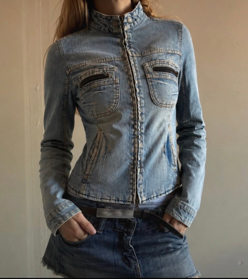 Y2K 2000s Vintage high collar denim diva archive Paris Hilton Pinterest style jacket zip up