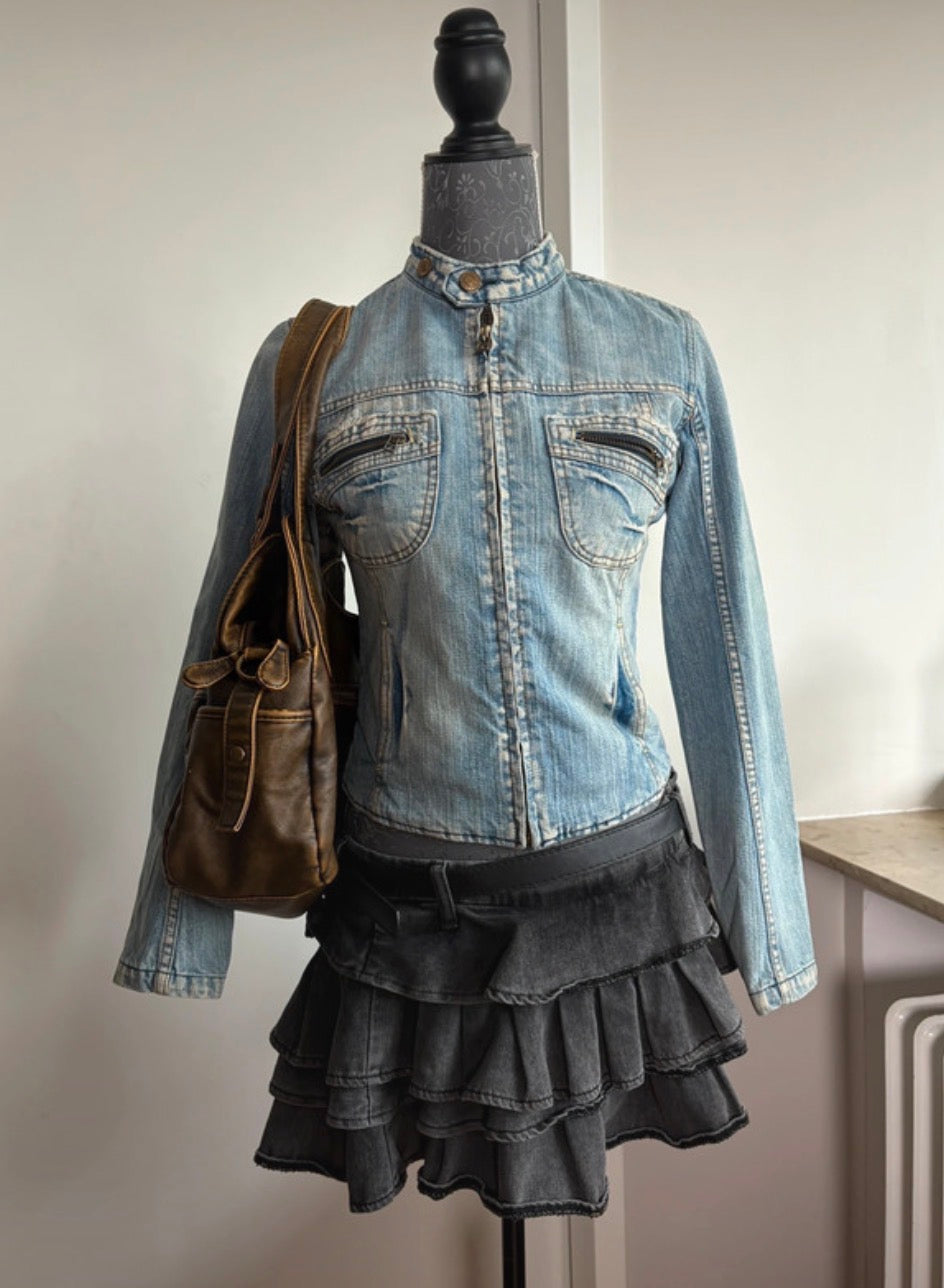 Y2K 2000s Vintage high collar denim diva archive Paris Hilton Pinterest style jacket zip up